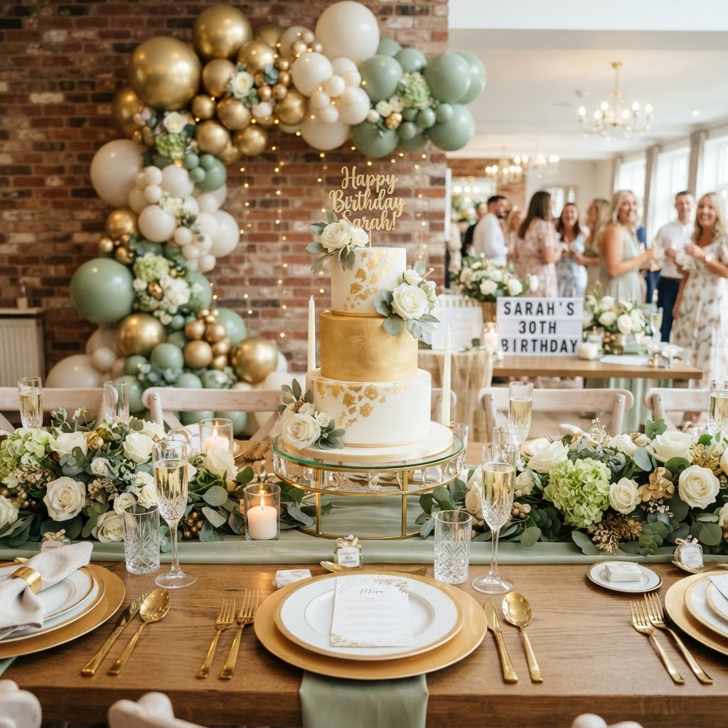 An elegant birthday table with floral decoration and candles