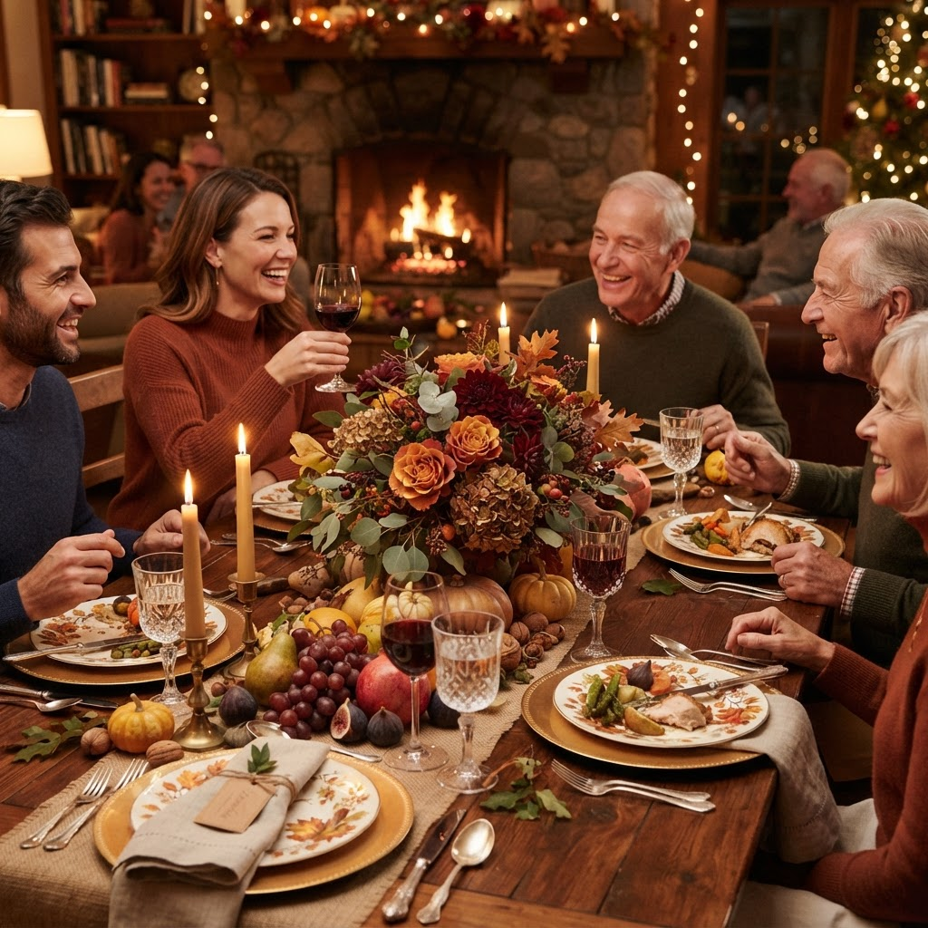 A warmly decorated family gathering with festive table setting