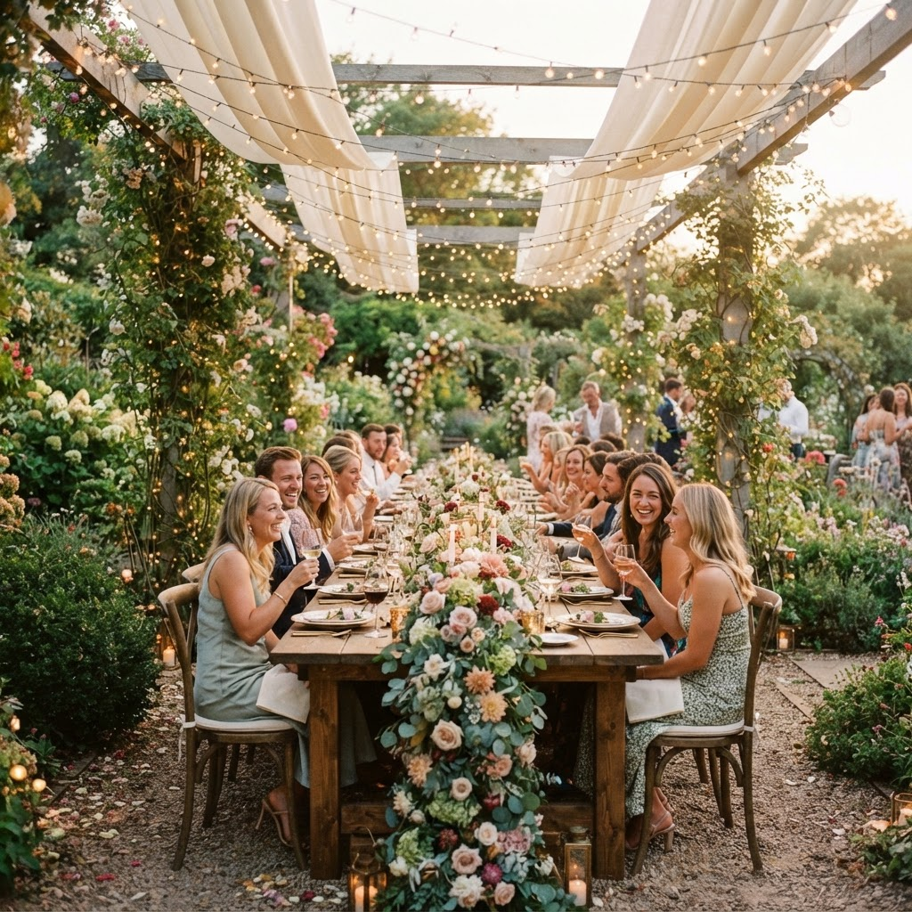 An elegant outdoor garden party with floral arrangements and draped lighting