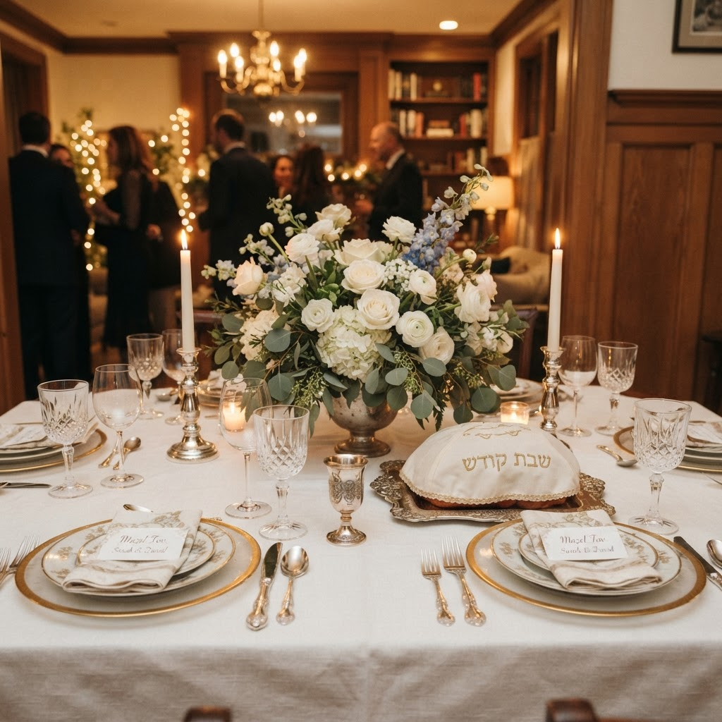 A beautifully set table for a Jewish celebration