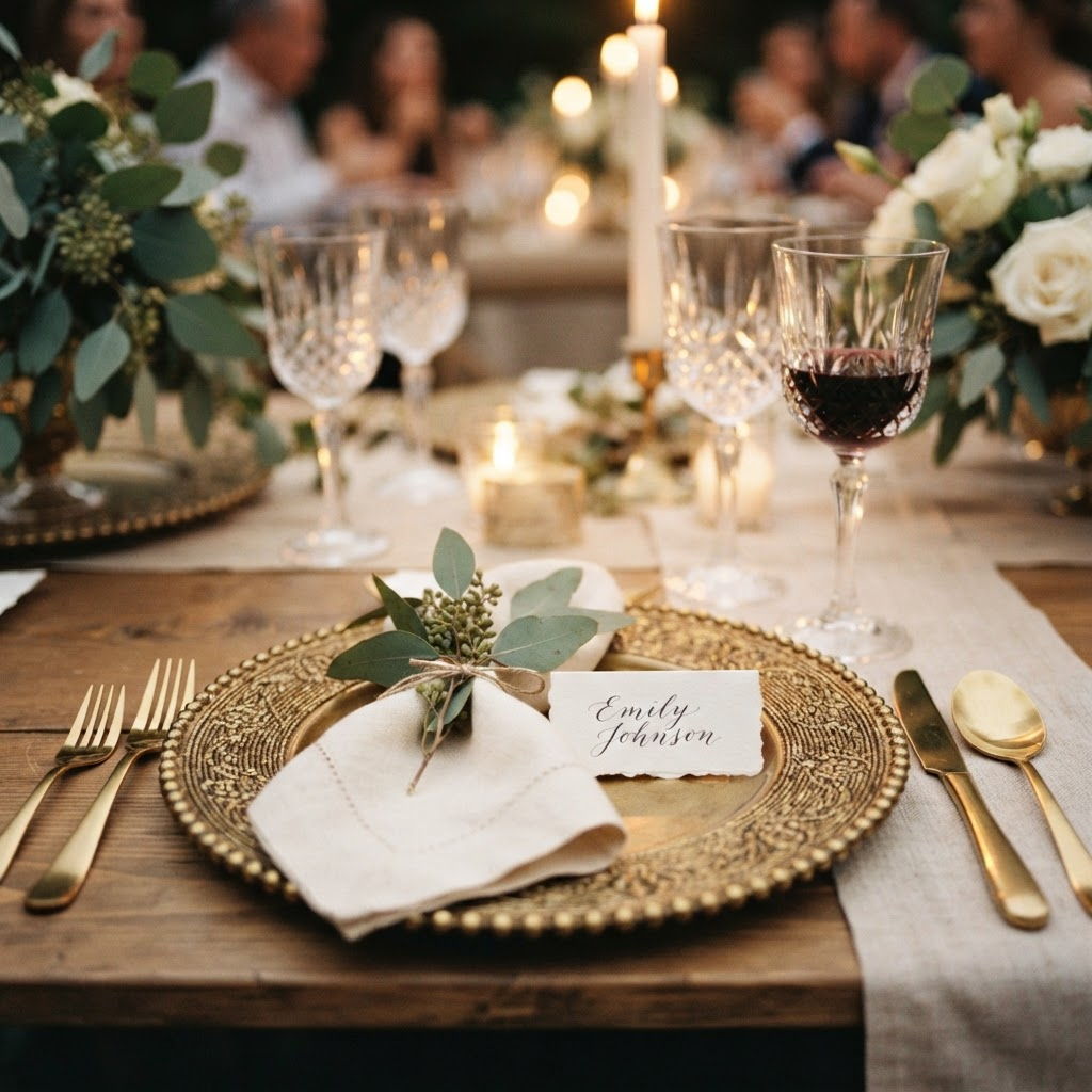 Close-up of a beautifully set dinner table with gold accents