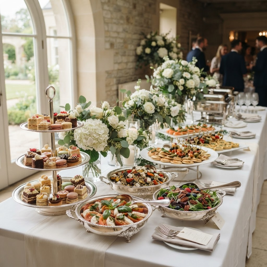 A beautifully presented catering spread on a buffet table