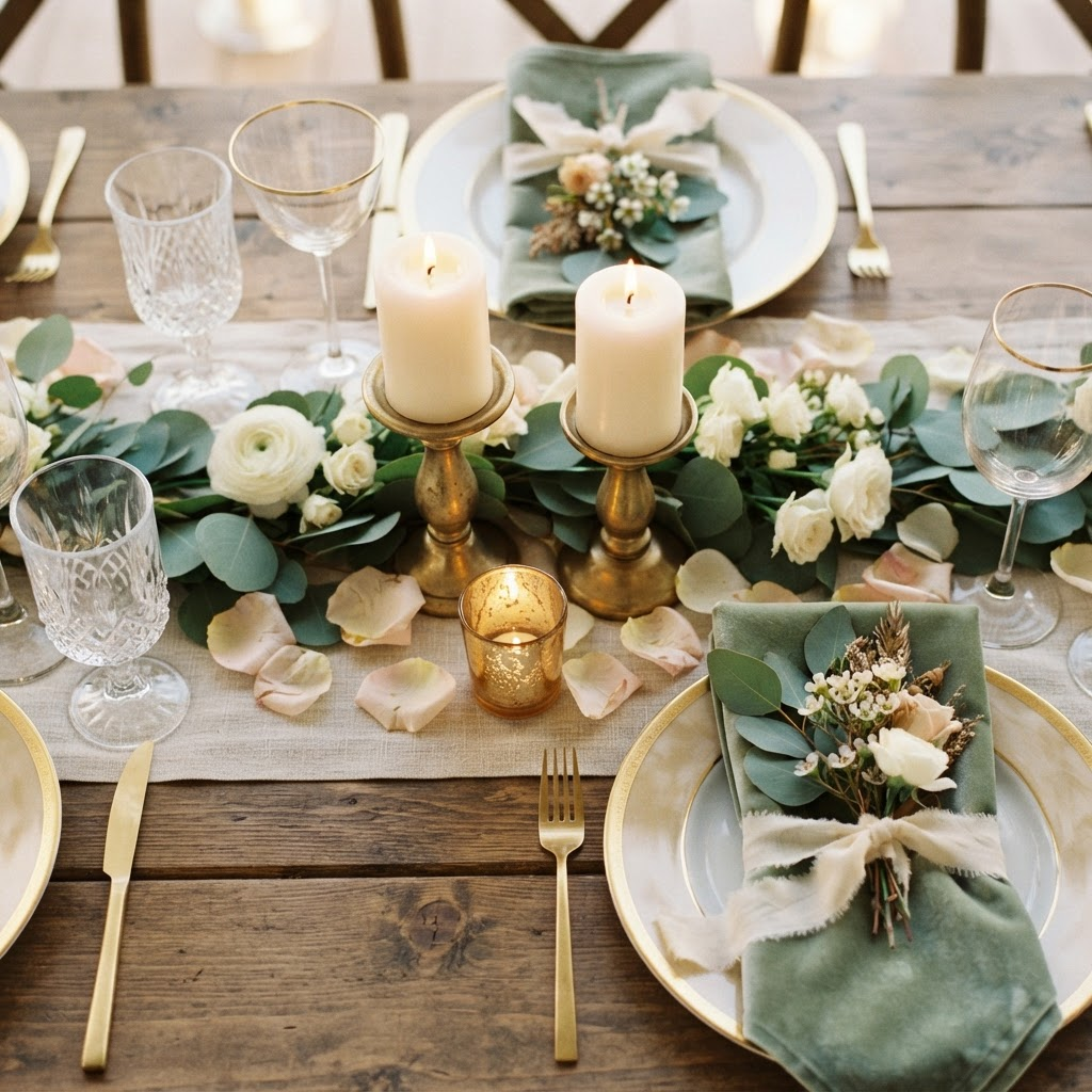 Elegant sage and cream table décor with candles and greenery