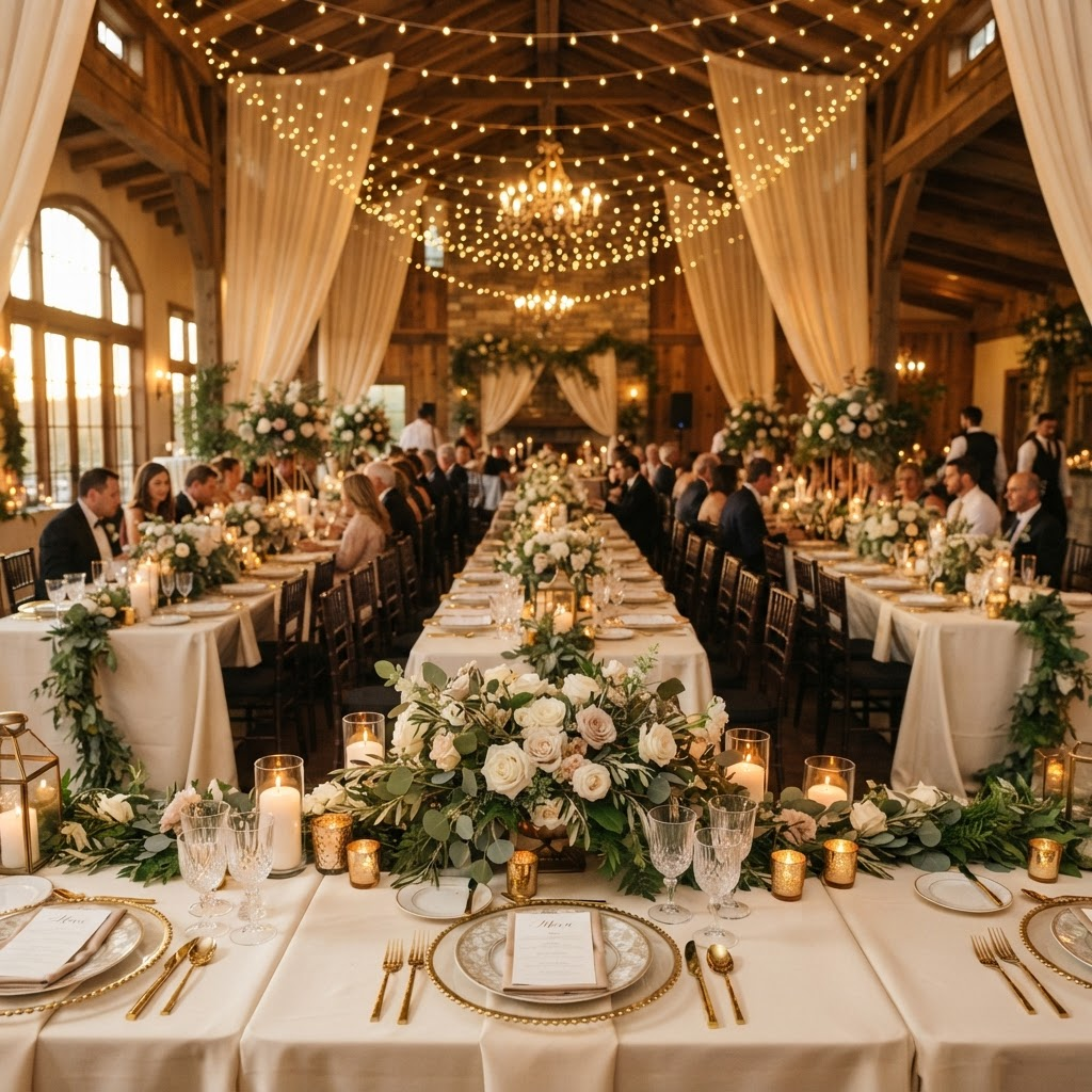 Elegantly decorated event table with floral arrangements and warm lighting