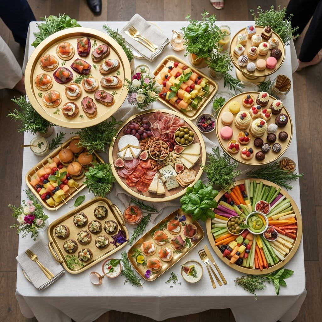 An assortment of beautifully presented catering dishes