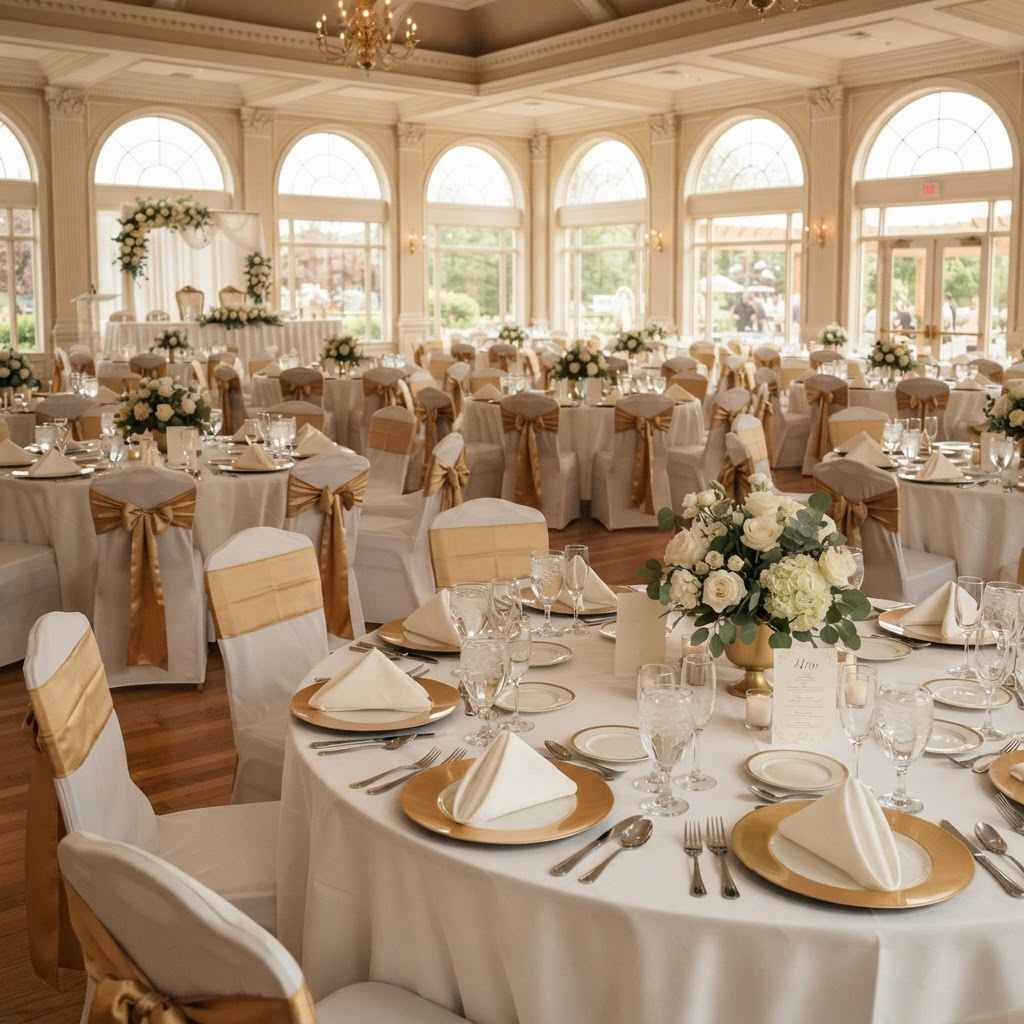 Beautifully arranged event tables with elegant place settings